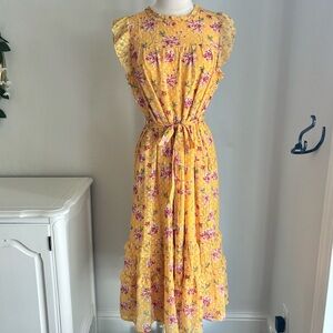 DR2 Swiss Dot Floral Print Ruffle Cap Sleeve Tiered Midi Dress, Goldenrod, Sz S